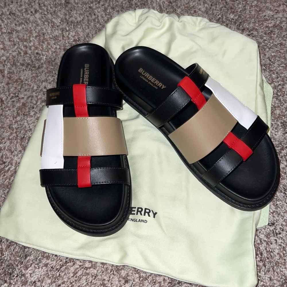 Burberry Black Red White Tan Leather Slide Sandals